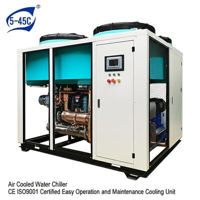 ระยะอุณหภูมิบริเวณ 5-45C เครื่องทําความเย็นน้ําเย็นด้วยอากาศ CE ISO9001 รับรองการใช้งานและการบํารุงรักษาง่าย